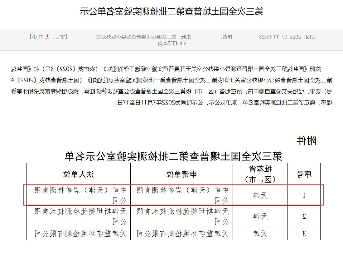 中矿（天津）岩矿检测有限公司入选第三次全国土壤普查实验室名录